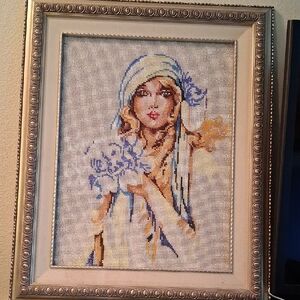 Framed Beaded Artwork with Blue and Gold Accents